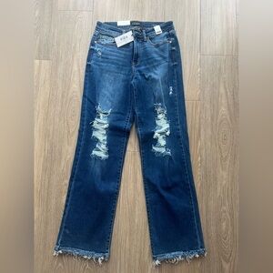 Judy Blue Dark Blue Distressed Straight Leg Jeans 9 | 29